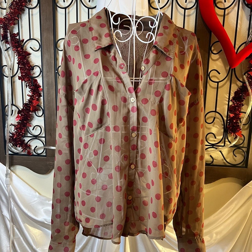 Free People Brown and Red Polka Dot Button-Down Shirt